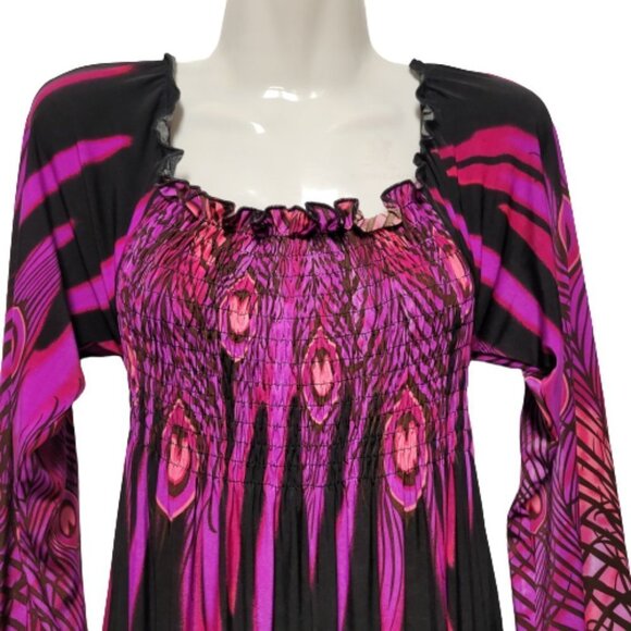 Long Sleeve Maxi Dress Peacok Motif Long Dress - One Size Fits Most- NEW ! - Picture 4 of 11